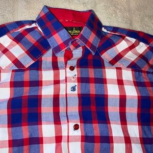 BANANA LEMON RED/WHITE/BLUE PLAID SHIRT WESTERN YOKE 100% COTTON GREAT BUTTONS